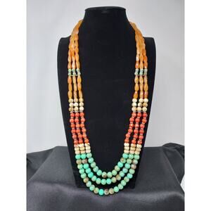 GCM Multi Strand Long Necklace Coral Turquoise Apricot Beads Resort Boho Signed